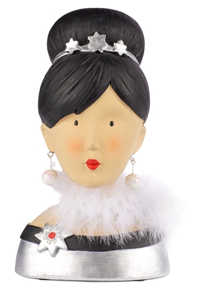 Baden Ladykopf "Audrey" Kopf mit Dutt Büste aus Gips & Papiermaché – schwarz-silber – Höhe 30 cm