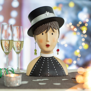 Baden Ladykopf "Madeleine" Kopf mit Hut Büste aus Gips & Papiermaché – schwarz-silber – 29 cm