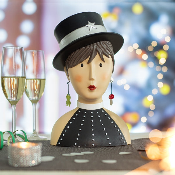 Baden Ladykopf "Madeleine" Kopf mit Hut Büste aus Gips & Papiermaché – schwarz-silber – 29 cm