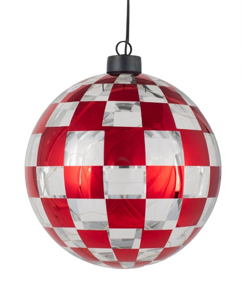 Beleuchtete Weihnachtskugel aus Glas – Baden Anhänger LED – rot-weiss kariert – Ø 15 cm