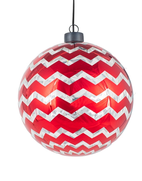 Beleuchtete Weihnachtskugel / Glaskugel aus Glas – Baden Anhänger LED – rot-weiss zickzack – Ø 15 cm