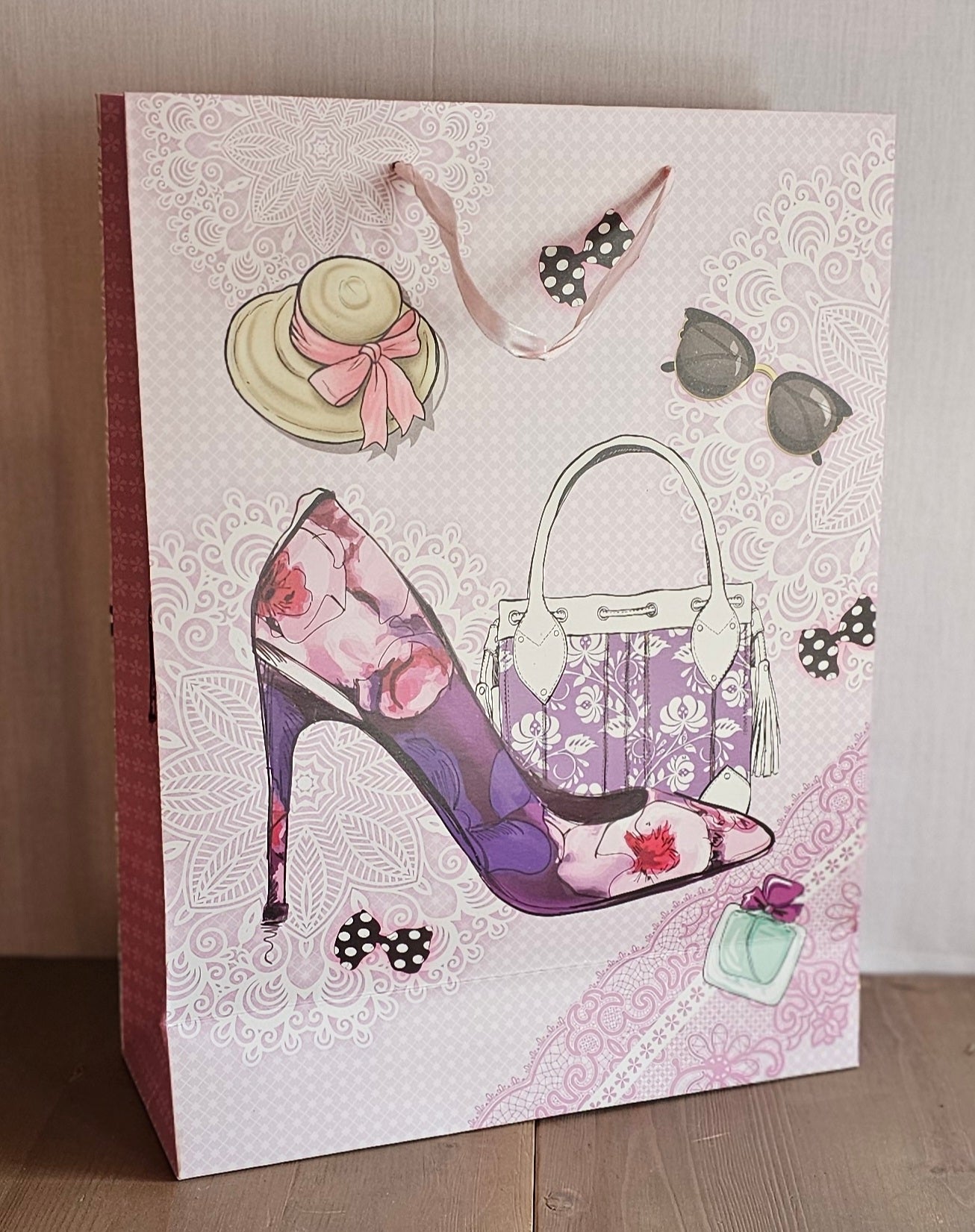 Geschenktasche / Tasche aus Papier "Mode" - weiss-rosa-lila - 30 x 12 x 40 cm