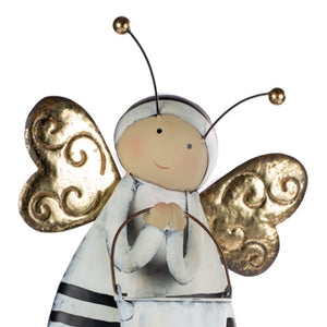 Biene mit Eimer / Übertopf aus Metall / Dekofigur – schwarz-weiß-gold – Höhe 53 cm