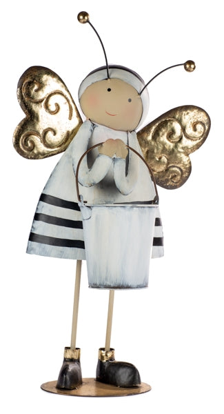 Biene mit Eimer / Übertopf aus Metall / Dekofigur – schwarz-weiß-gold – Höhe 53 cm