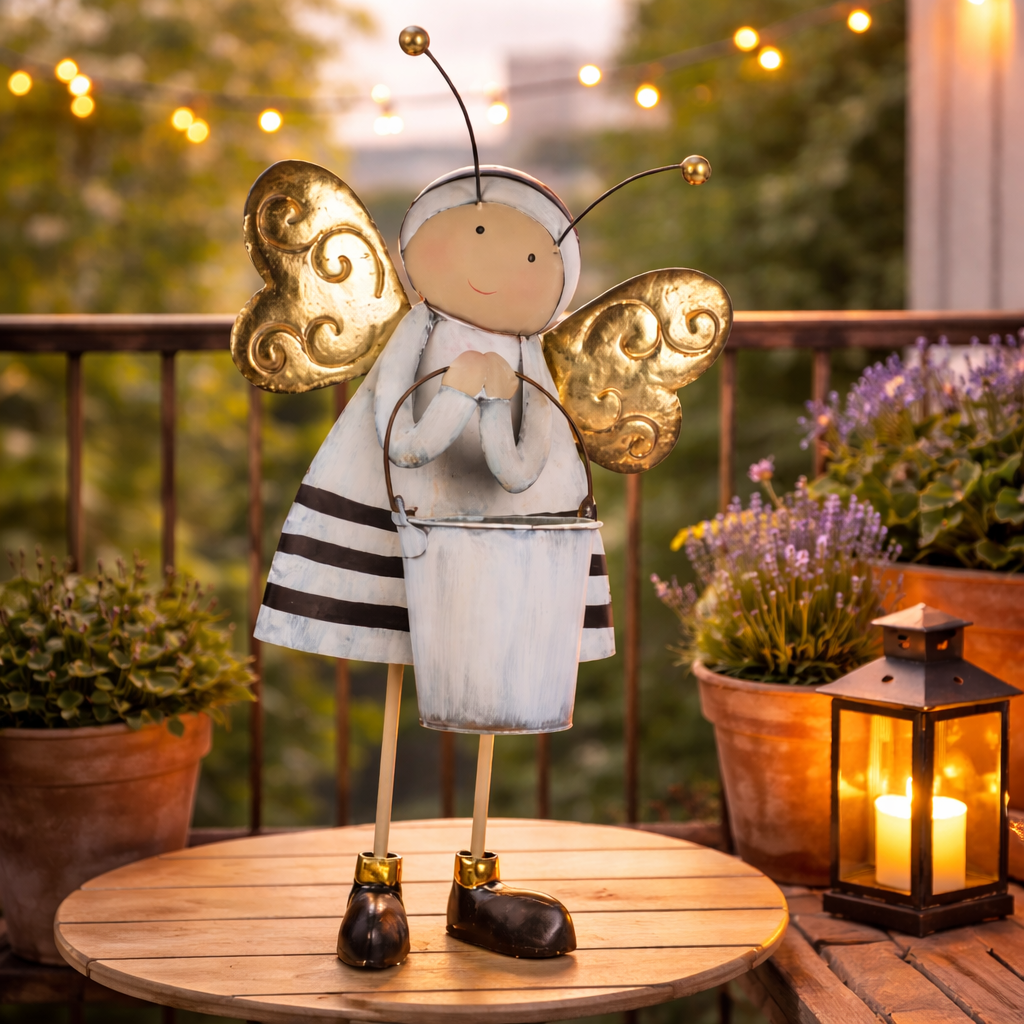 Biene mit Eimer / Übertopf aus Metall / Dekofigur – schwarz-weiß-gold – Höhe 53 cm