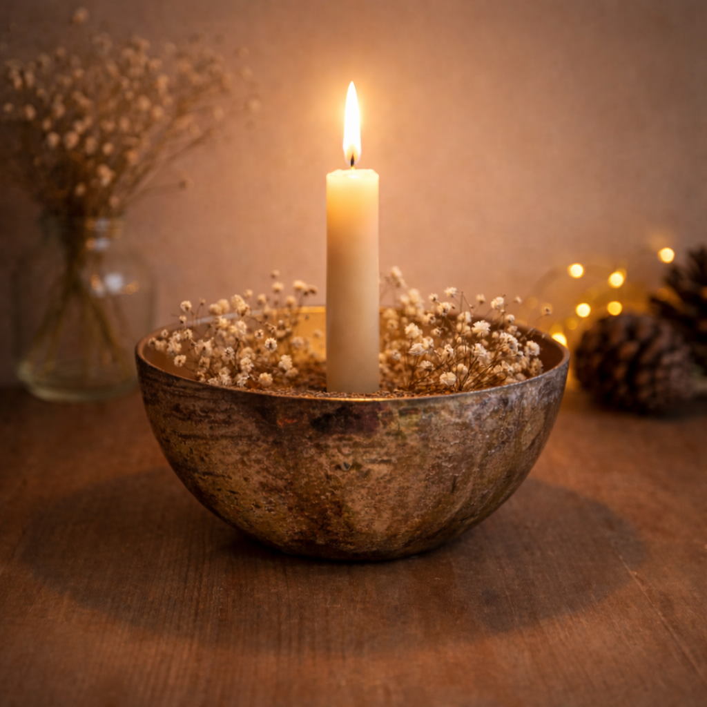 Kerzenhalter Schale „Bola“ aus Metall – runder Kerzenständer für Stabkerzen in Gold, Ø 11,5 cm