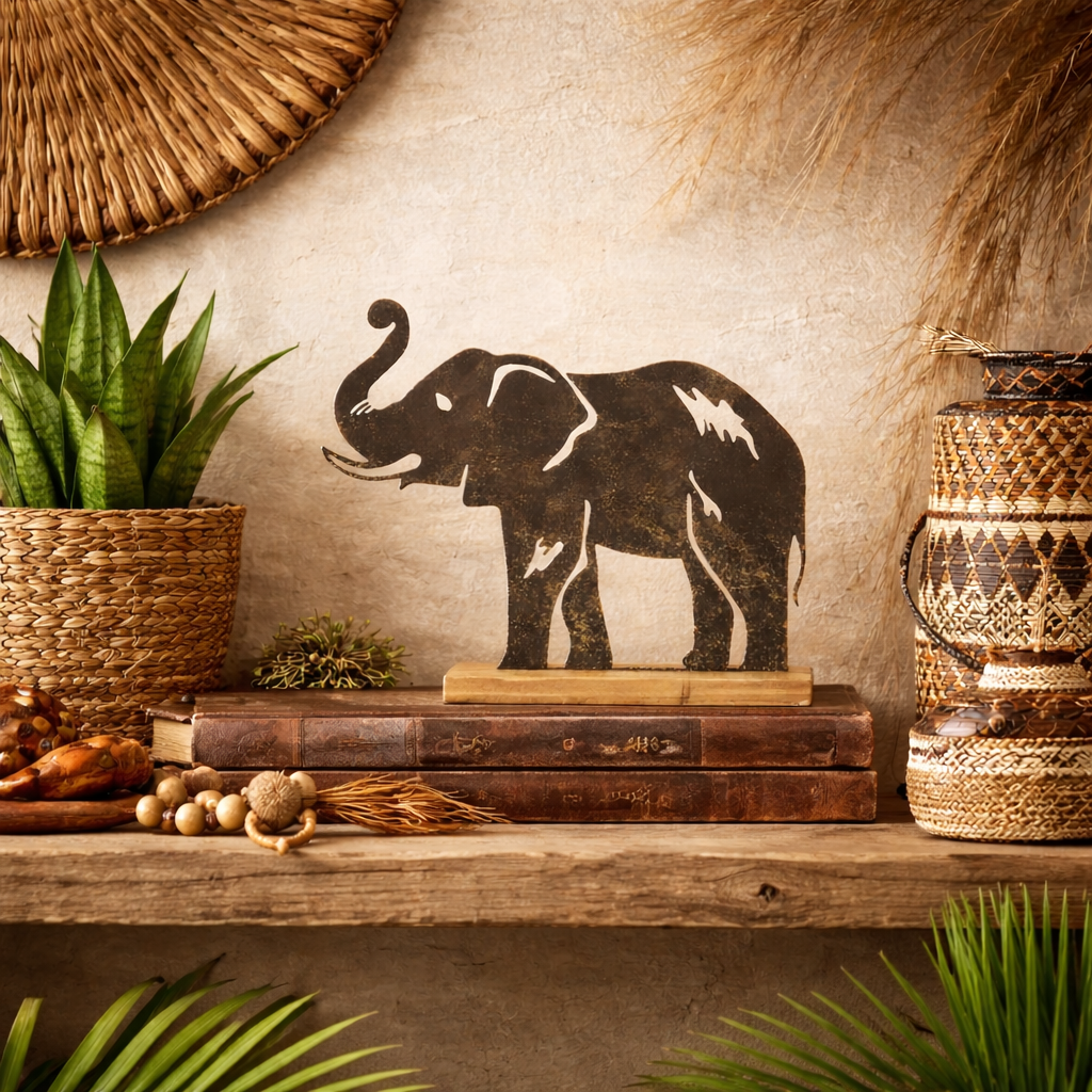 Deko Elefant Metall „Safari“ – Antikgold-Braun auf Holzfuß, 40,5 cm