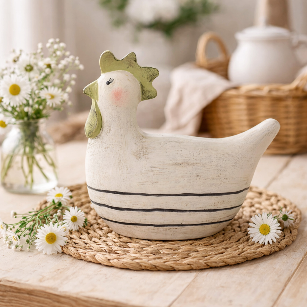 Dekohuhn aus Gips – Handgefertigte Oster-Deko Huhn, gestreift, 25 cm