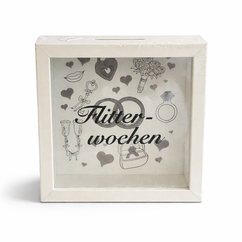 Spardose „Flitterwochen“ – Geldgeschenk zur Hochzeit – Weiß – 15×15 cm
