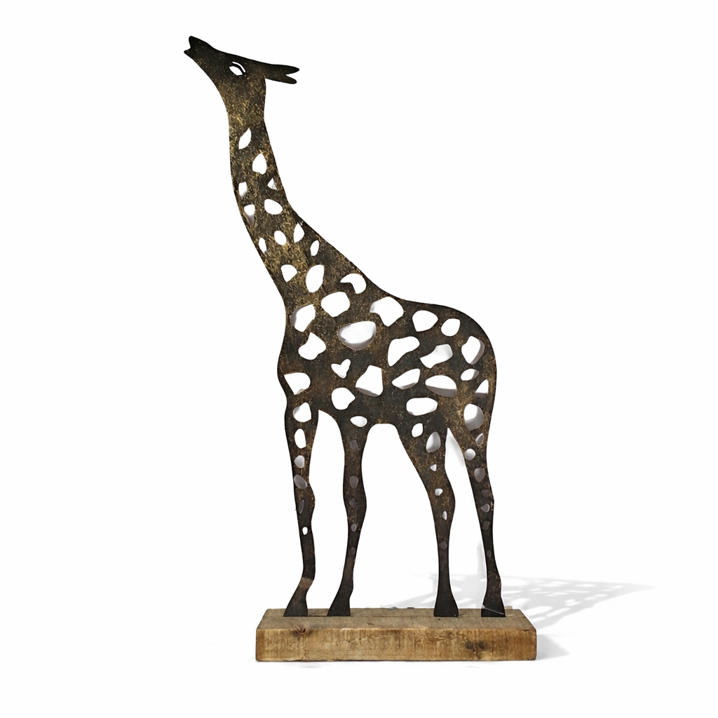 Deko Giraffe Metall „Safari“ – Antikgold-Braun auf Holzfuß, Höhe 80 cm