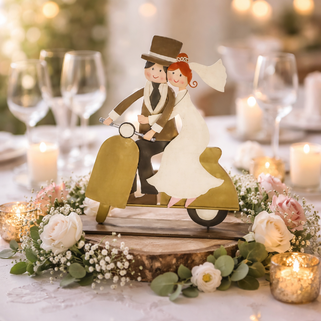 Hochzeitspaar auf Vespa aus Metall – Romantische Tischdeko (24 cm)