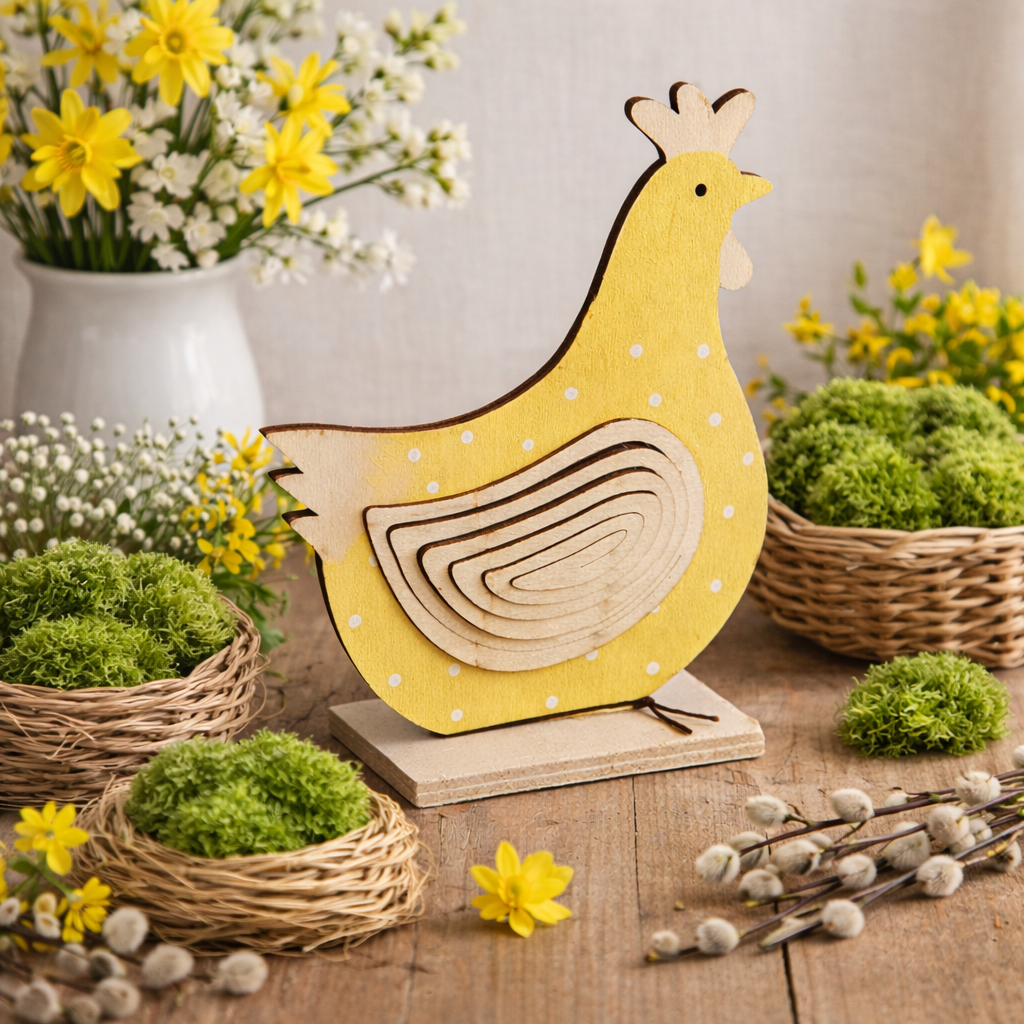 Dekohuhn aus Holz – gelbe Henne mit weißen Punkten, 13 cm Oster- & Frühlingsdeko