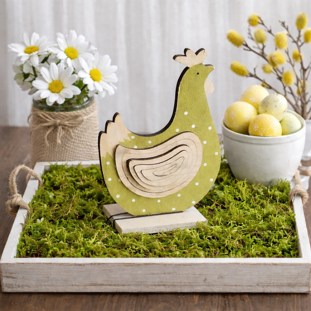 Huhn Dekofigur aus Holz – grüne Henne mit weißen Punkten – Oster- & Frühlingsdeko 11 cm