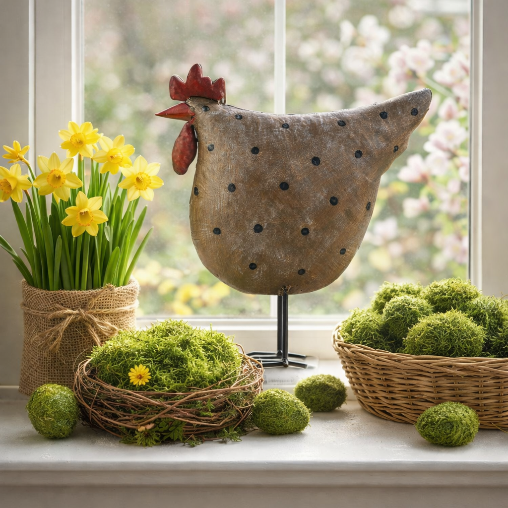 Dekohuhn / Huhen / Henne aus Metall – Braune Henne mit Punkten, 24 cm Dekofigur