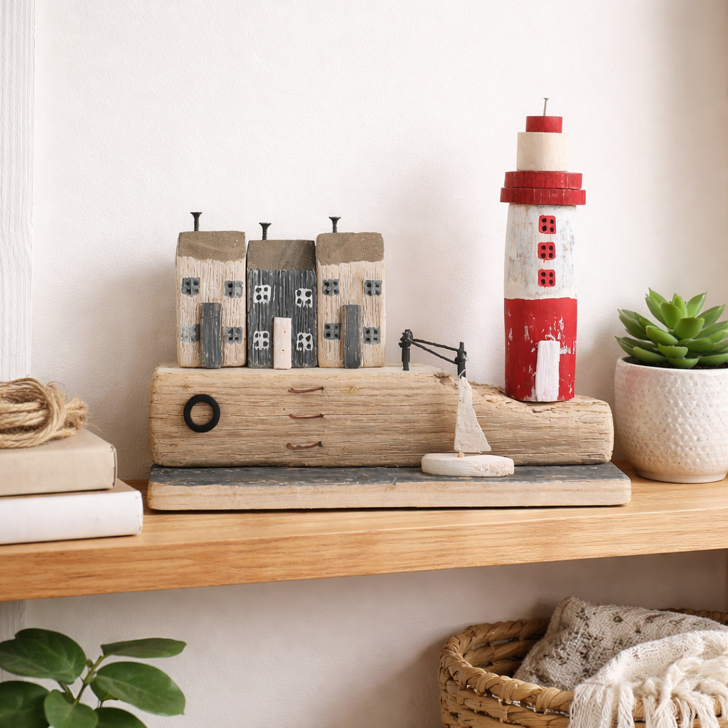 Maritime Holz Deko Insel mit Leuchtturm & Häusern – Aufsteller Fensterdeko 24 cm
