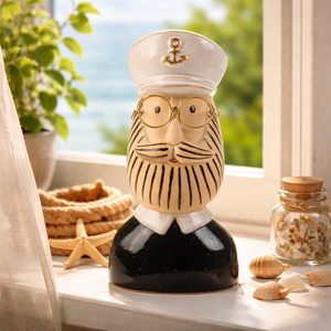 Baden Kapitänskopf aus Keramik – Maritimer Dekokopf mit Brille in Schwarz-Grau-Gold, Höhe 20 cm
