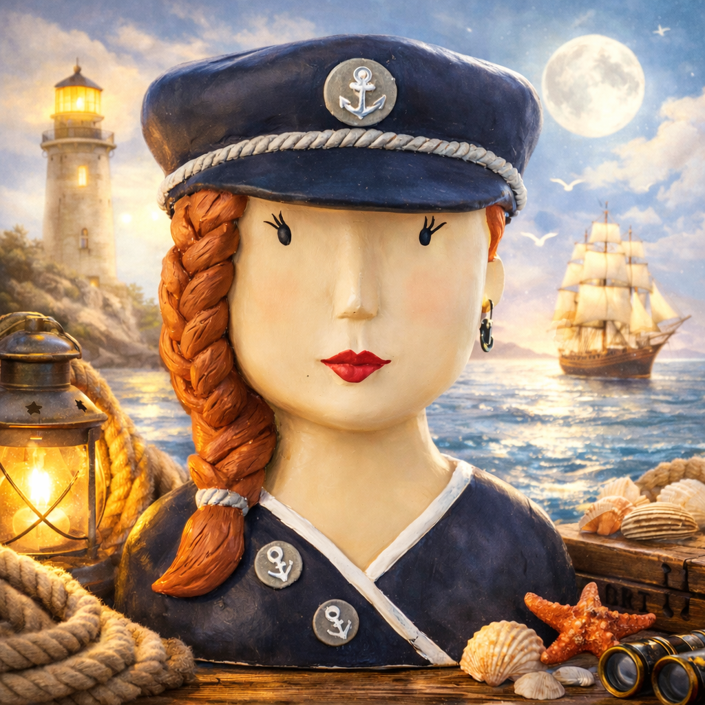 Baden Lady „Captain Barbara“ – Maritimer Dekokopf Kapitänsfrau aus Kunststoff, Blau, Höhe 25 cm