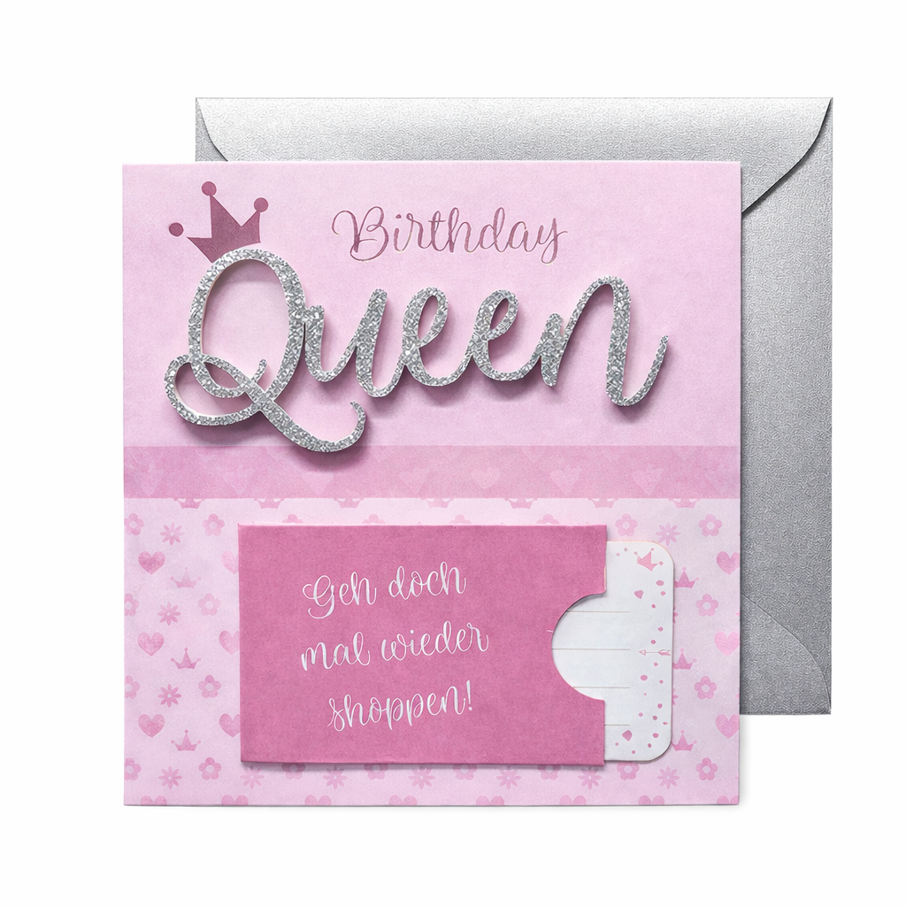 Geburtstagskarte „Queen“ mit silbernem Umschlag – Geldkarte & Glückwunschkarte 15×15 cm