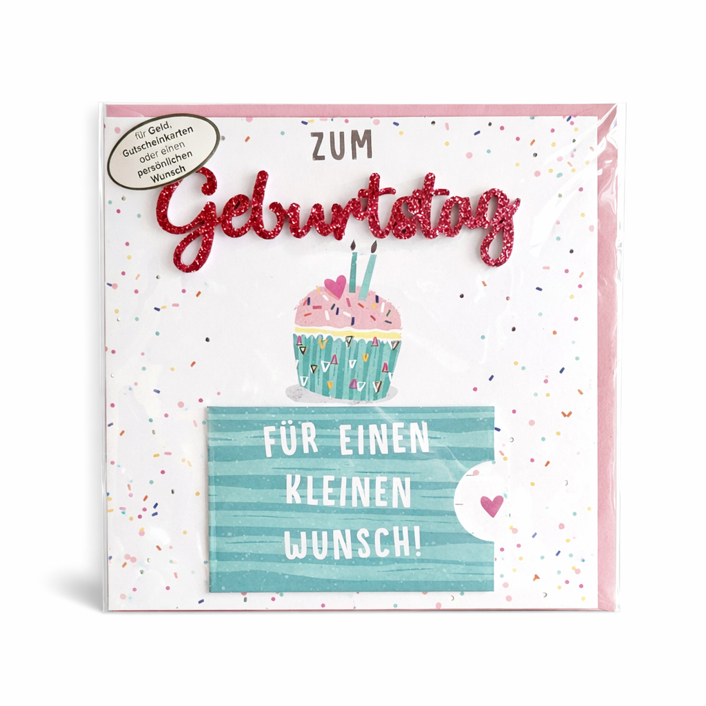 Geburtstagskarte „Für einen kleinen Wunsch“ mit rosa Umschlag – Geldkarte & Glückwunschkarte 15×15 cm