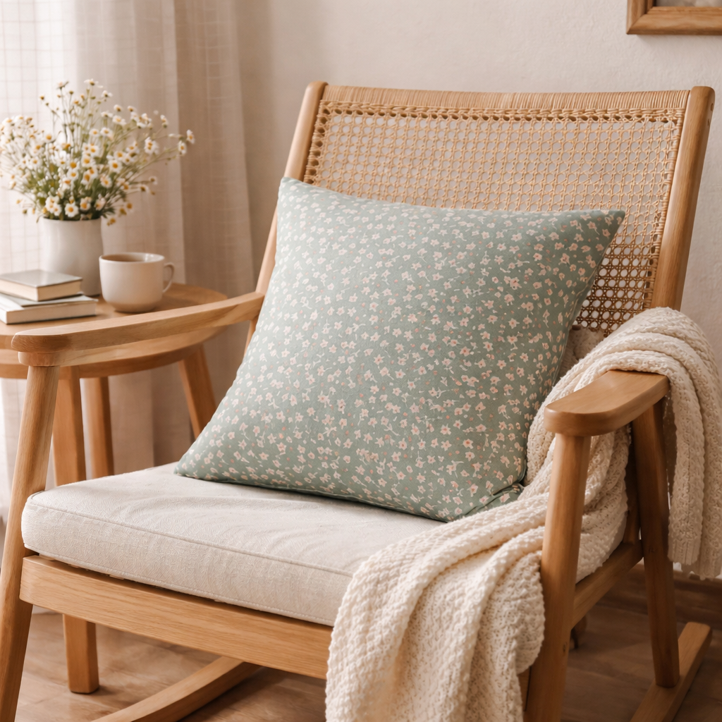 Dekokissen Libby-Blütchen 45x45 cm – Stoffkissen sagegrün-rosa inkl. Inlet