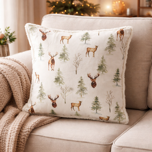Kissen / Stoffkissen / Zierkissen Hirsch/Tanne mit Inlet – weiss-grün-braun – Masse 42 x 42 cm