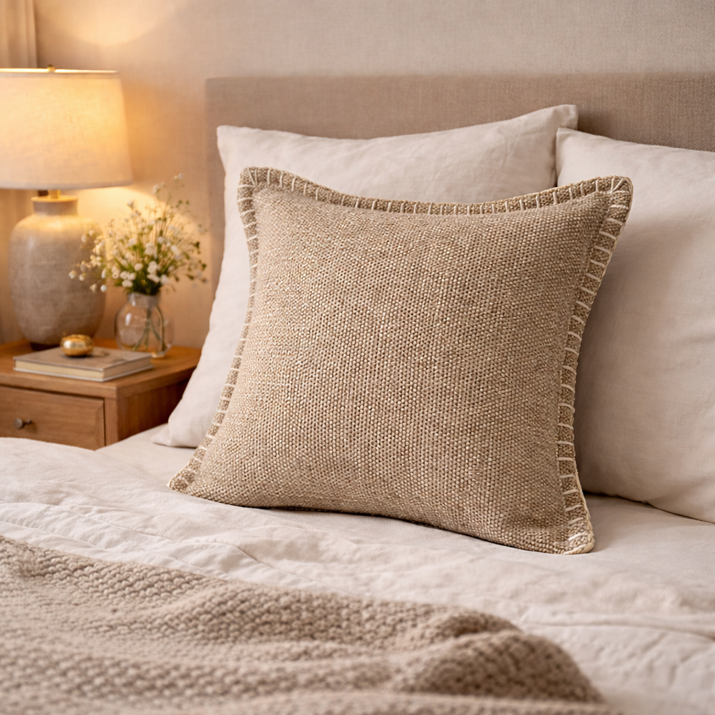 Kissen „Manu“ 45x45 cm – Stoffkissen / Zierkissen mit Inlet in Taupe – Ausstellungsstück stark reduziert