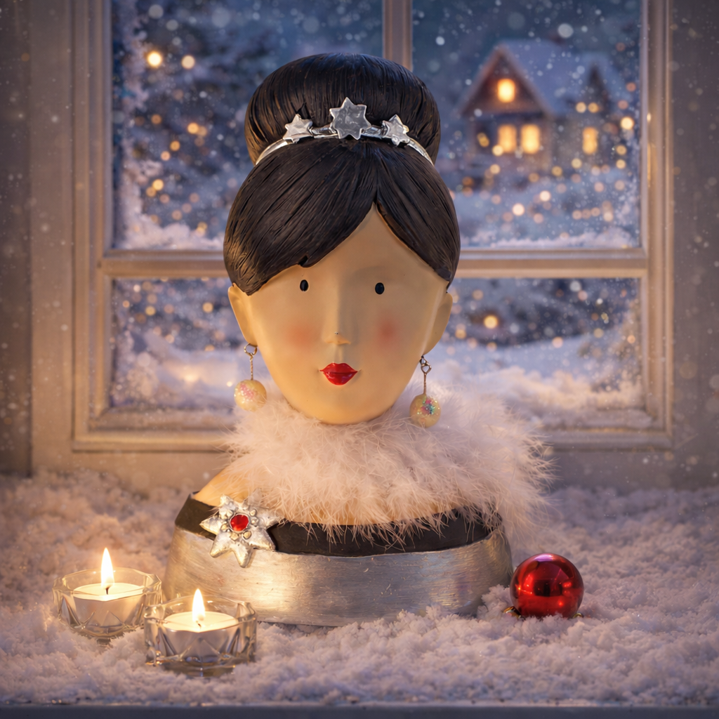 Baden Ladykopf "Audrey" Kopf mit Dutt Büste aus Gips & Papiermaché – schwarz-silber – Höhe 30 cm