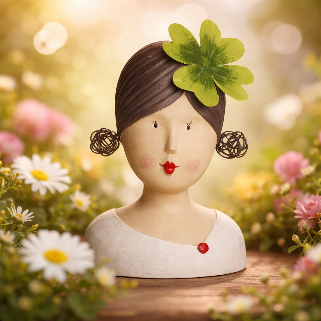 Baden Ladykopf "Jasmin" / Gipskopf / Dekokopf mit Kleeblatt aus Gips – grün-weiss-grau – Höhe 25 cm