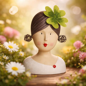 Baden Ladykopf "Jasmin" / Gipskopf / Dekokopf mit Kleeblatt aus Gips – grün-weiss-grau – Höhe 25 cm