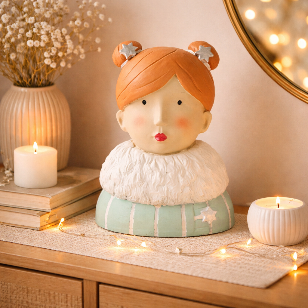 Baden Lady "Stella" Ladykopf / Büste / Dekokopf mit Dutt – blau-weiss-beige – Höhe 26 cm