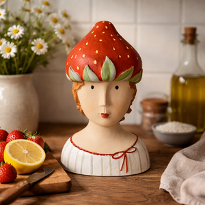Ladykopf „Erdbeere“ Büste – Handgemachte Deko aus Gips & Papiermaché | 27 cm