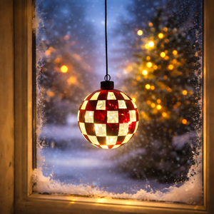 Beleuchtete Weihnachtskugel aus Glas – Baden Anhänger LED – rot-weiss kariert – Ø 15 cm