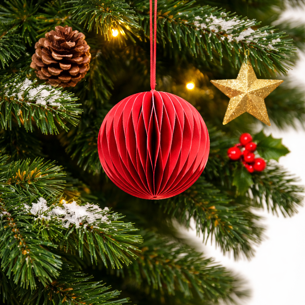 Christbaumkugel Set (6 Stück) Anhänger Papier/Pappe Kugel "Honeycomb" Weihnachtskugel – rot – Ø 8 cm