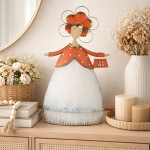 Lady mit Handtasche aus Metall / Dekofigur – orange-weiss – Höhe 52 cm