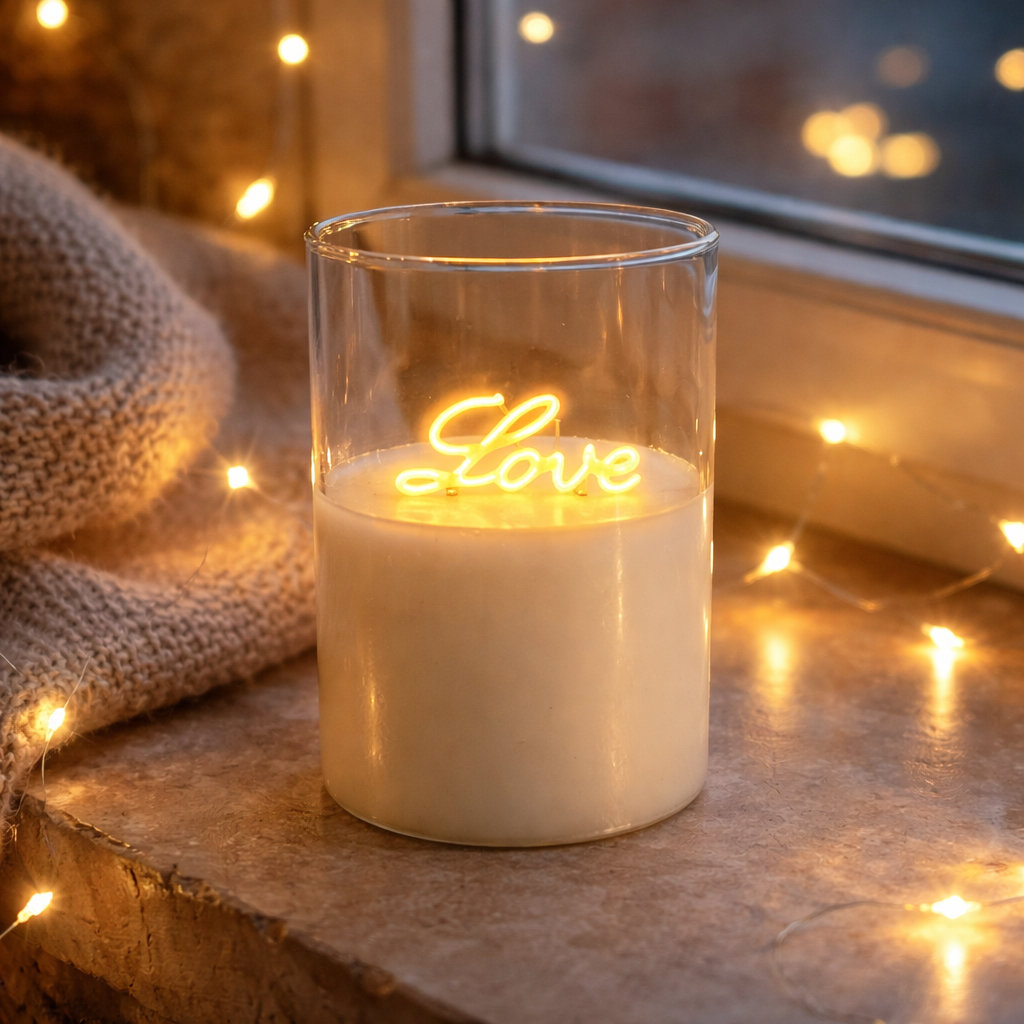 LED Kerze Love mit Timer | 12,5 cm | Neon Schriftzug verschiedene Farben
