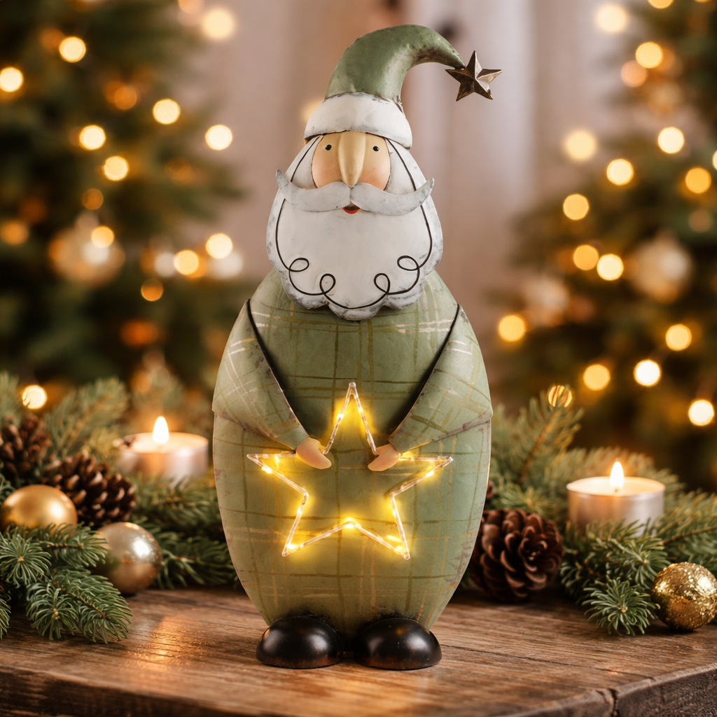 Nikolaus Dekofigur mit LED aus Metall – Weihnachtsaufsteller grün 48 cm – stimmungsvolle Weihnachtsdeko