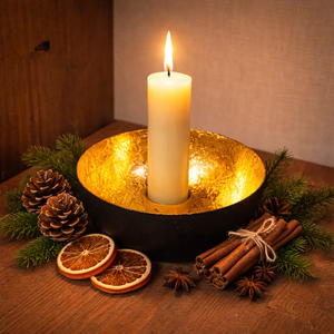 Kerzenhalter Schale „Bola“ aus Metall – rund Ø 10 cm – schwarz-gold – eleganter Kerzenständer für Stabkerzen