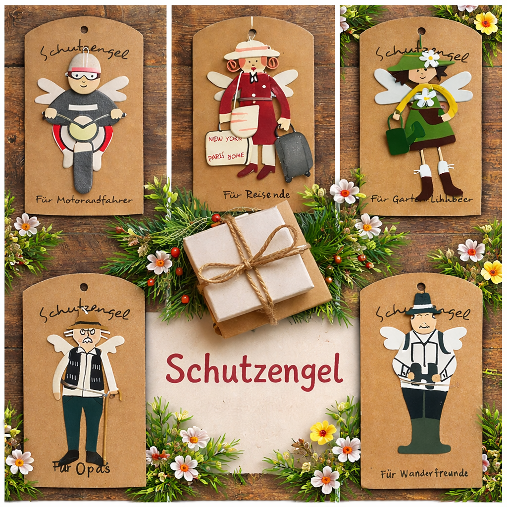 Schutzengel auf Karte / Glücksbringer – verschiedene Motive – Metall – 9 cm