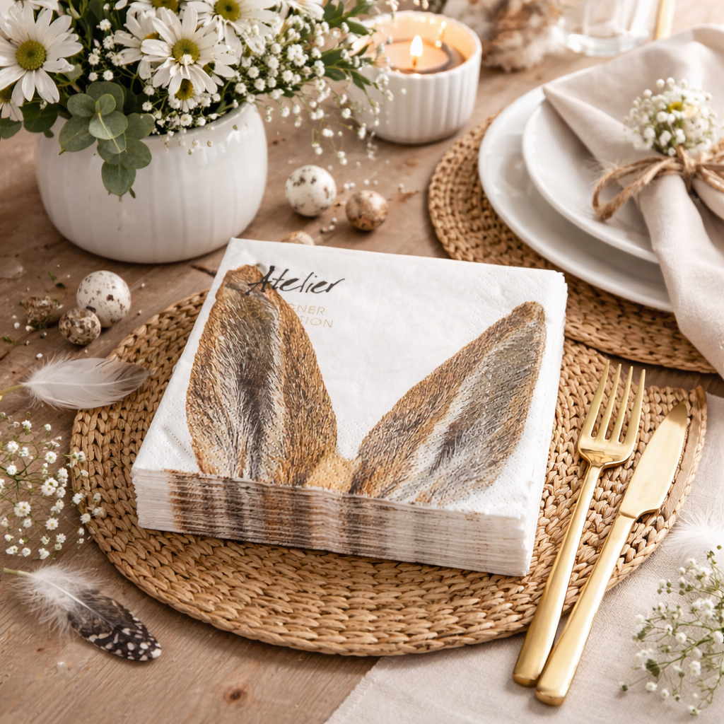 Atelier Serviette Hasenohren Ostern – Weiß-Braun, 33×33 cm, 20 Stück