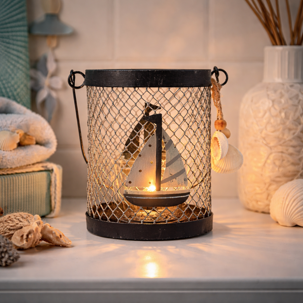 Teelichthalter Metall maritim – Windlicht mit Segelbooten blau-weiß | 11 cm