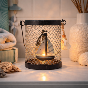 Teelichthalter Metall maritim – Windlicht mit Segelbooten blau-weiß | 11 cm