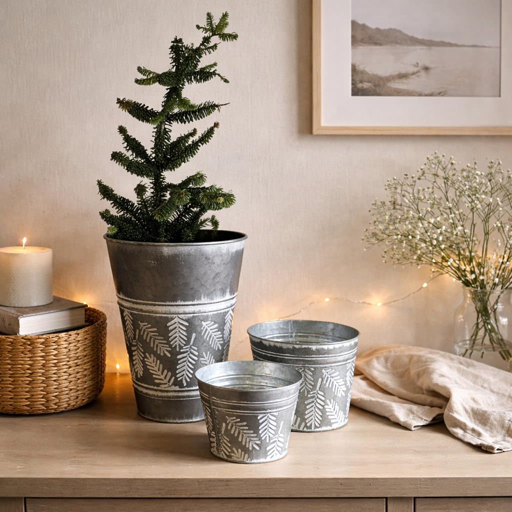 Übertopf / Topf / Vase "Granna" Metall cultus / Weihnachten – silber-weiss – verschiedene Masse