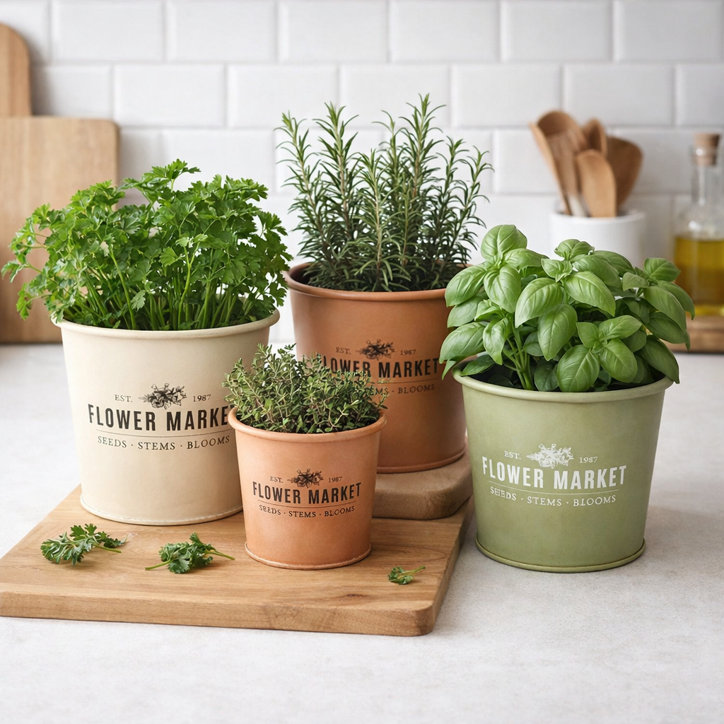 Übertopf „Flower Market“ aus Metall – Vintage Kräutertopf in verschiedenen Farben & Größen