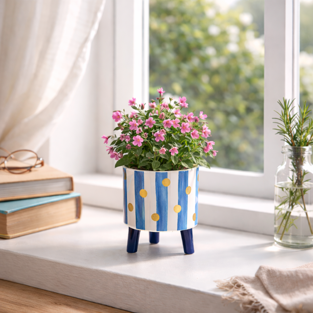 Spang Übertopf auf Füßen – Blau-Weiß mit goldenen Punkten | Keramik Topf in verschiedenen Motiven & Größen