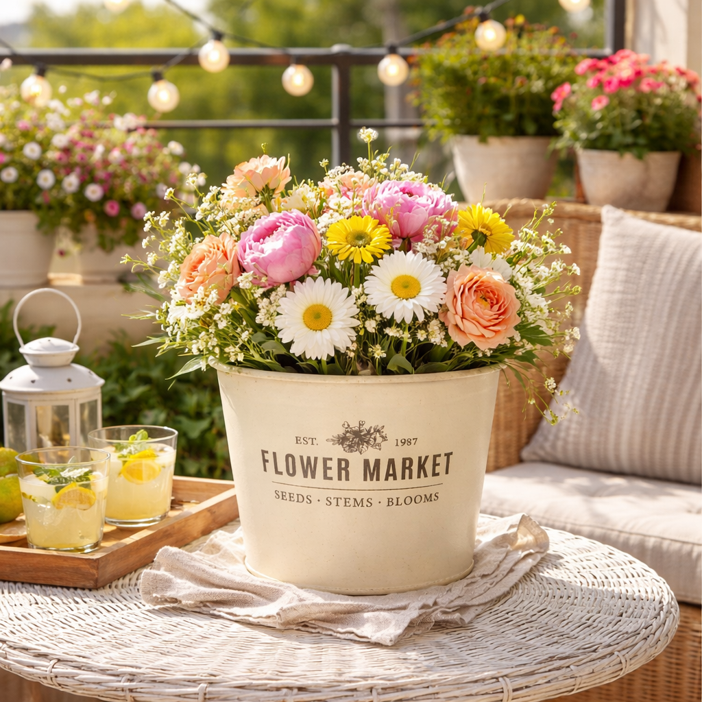 Übertopf „Flower Market“ aus Metall – Vintage Kräutertopf in verschiedenen Farben & Größen