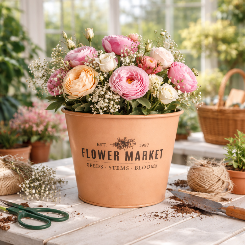 Übertopf „Flower Market“ aus Metall – Vintage Kräutertopf in verschiedenen Farben & Größen