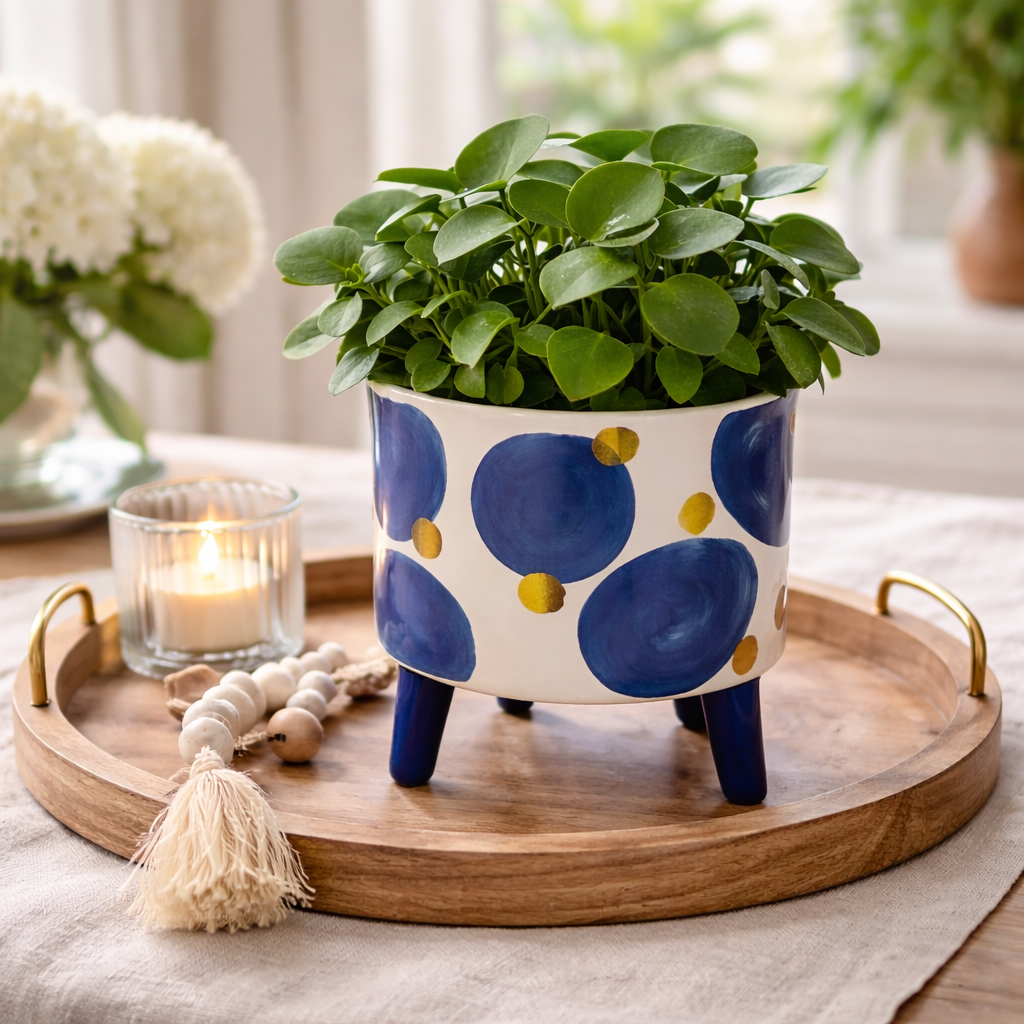 Spang Übertopf auf Füßen – Blau-Weiß mit goldenen Punkten | Keramik Topf in verschiedenen Motiven & Größen