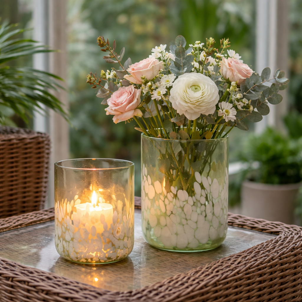 Glas-Windlicht / Vase / Leuchter – Grün-Weiss - verschiedene Größen