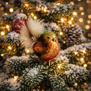 Glas Vogel Christbaumschmuck Zaunkönig – handgefertigt, mundgeblasen & handbemalt – Braun Rot Grün Glitzer, 4 x 4 x 6 cm