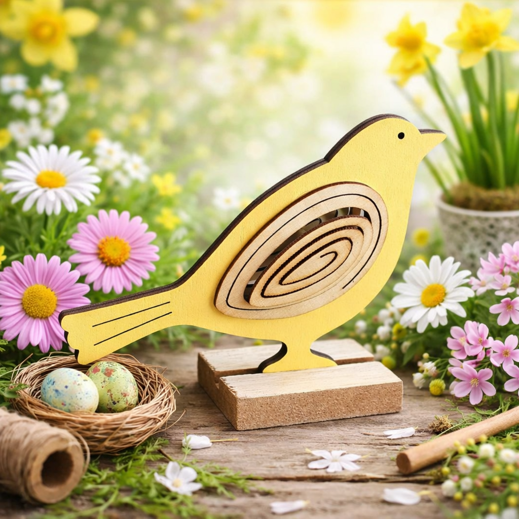 Vogel aus Holz / Dekovogel / Dekofigur / Figur – gelb – Höhe 9,5 cm